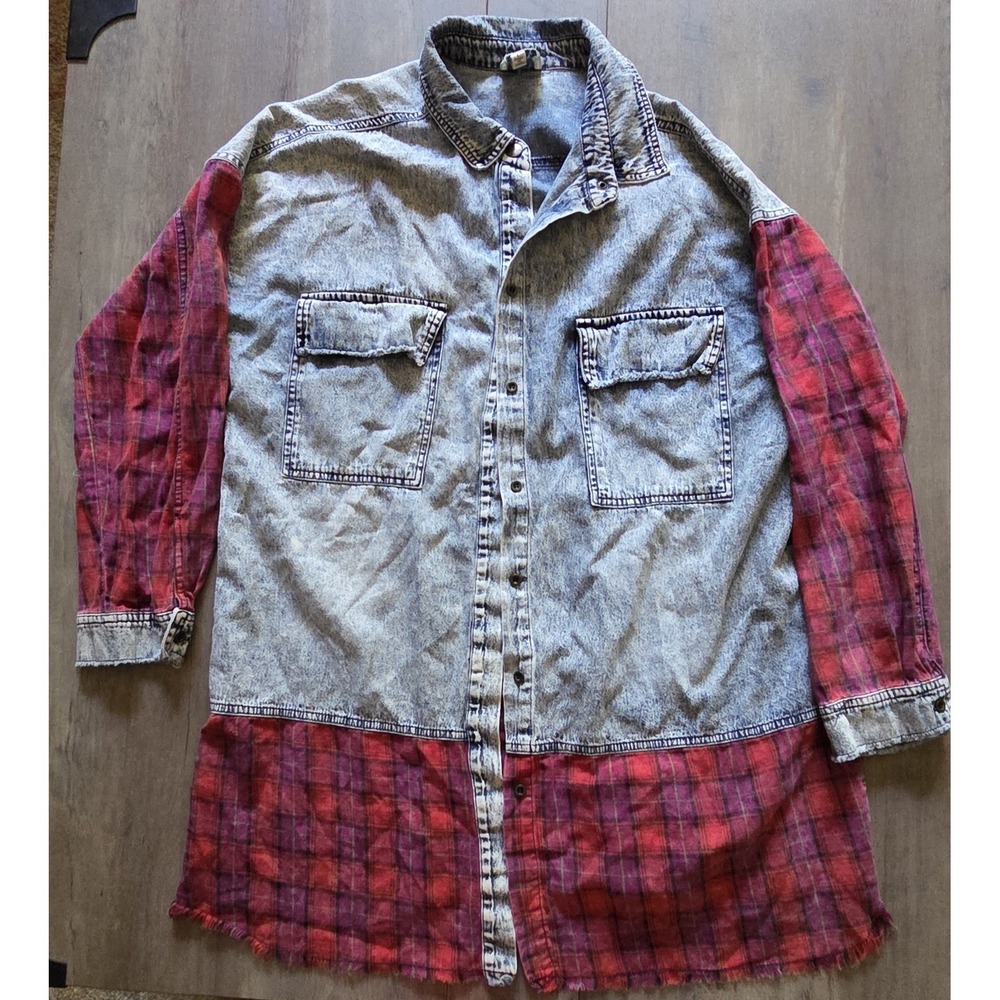 Hayden Los Angeles Denim W/Red Plaid Flannel Button Up Long Sleeve Shirt Women L